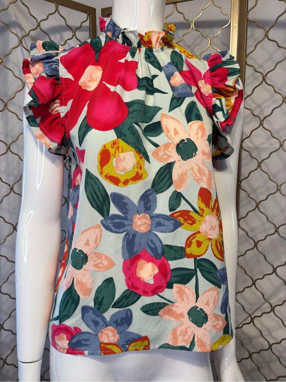 THML Floral Ruffle Sleeve Top - Multi (Pink, Blue, Yellow, Green) in size S